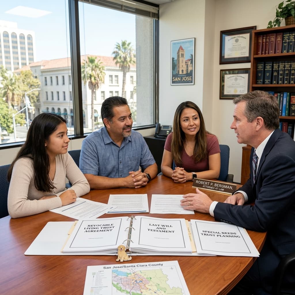 A San Jose family sits at the conference table across from attorney Robert P. Bergman; a SAN JOSE poster hangs on the wall behind them, palm trees and historic downtown architecture are visible through the window, and a San Jose/Santa Clara County map and three trust documents (Revocable Living Trust Agreement, Last Will and Testament, Special Needs Trust Planning) sit on the table.