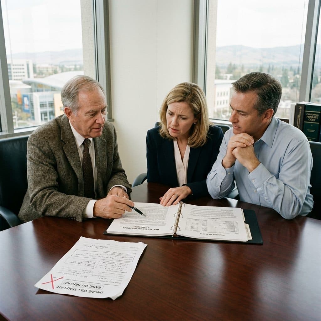 A Cupertino couple sits across the conference table from an estate planning attorney reviewing a revocable living trust binder; a crossed-out 'ONLINE WILL TEMPLATE BASIC DIY SERVICE' page on the desk illustrates why Cupertino tech families typically replace template wills with a specialist-drafted plan.