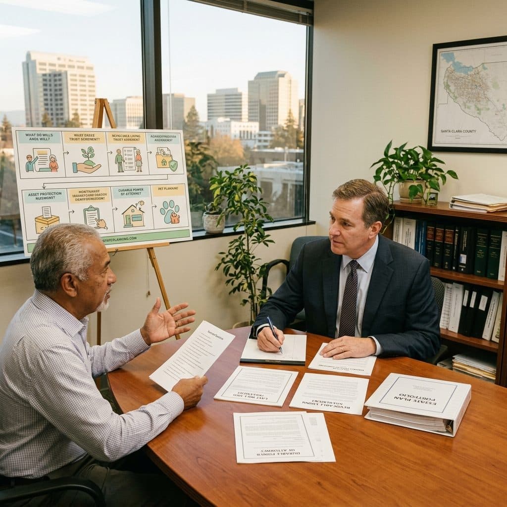 A Los Altos client meets with an estate planning attorney at a wood conference table; the wall behind shows a Santa Clara County map and an estate planning flow chart on an easel, with the Silicon Valley skyline visible through the window.