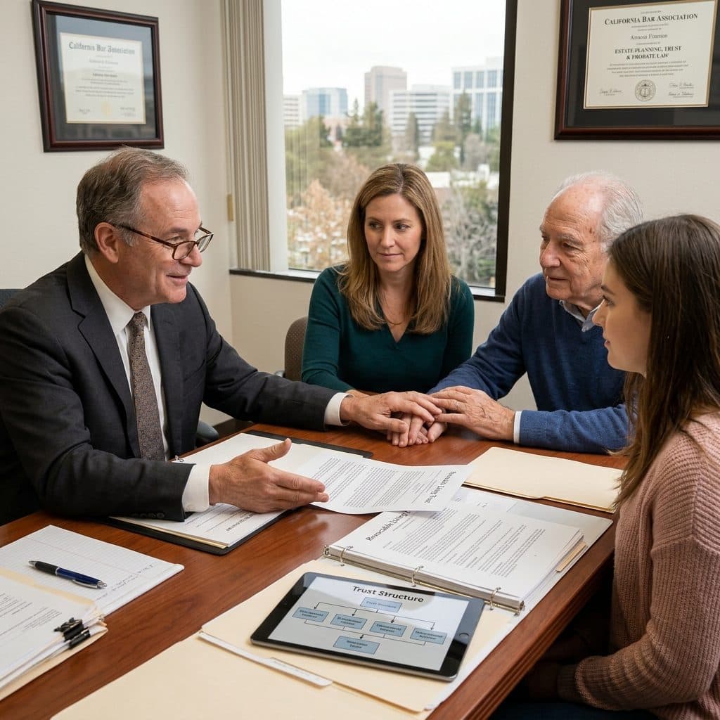 An older Los Altos client and his adult daughter meet across a wood conference table with an estate planning attorney; the California State Bar certificate in Estate Planning, Trust and Probate Law is framed on the wall behind, and a trust structure diagram is open on the iPad.