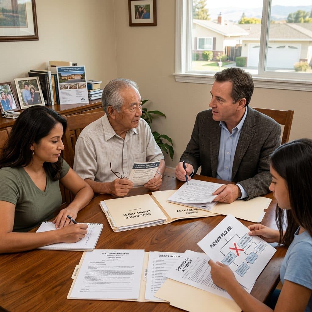 A multi-generational Saratoga family — grandfather, his daughter, and granddaughter — meet with an estate planning attorney at the dining-room table reviewing a Revocable Living Trust, a Real Property Deed, an Asset Inventory, and a Probate Process diagram crossed out with a red X.