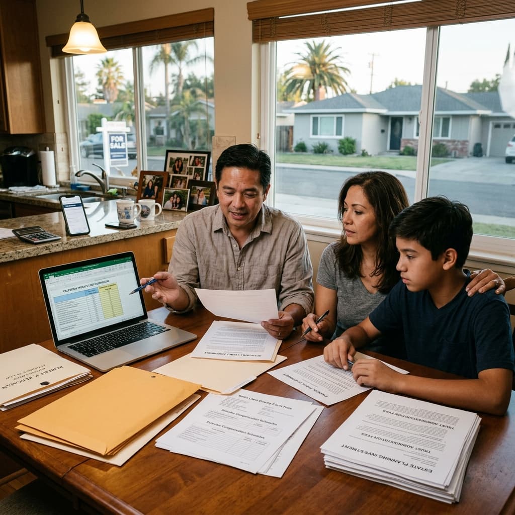 A Saratoga family at their kitchen table reviewing California probate cost estimates on a laptop alongside Trust Administration, Santa Clara County Court Fees, and Executor Compensation Schedule documents, with a Robert P. Bergman law-office folder visible at the corner.